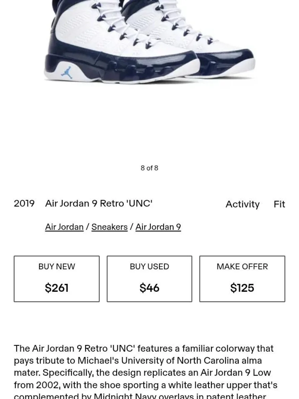 Air Jordan 9 Retro UNC White & Navy Basketball Sneakers